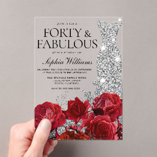 Invitations En Acrylique Red Roses Diamond Gown 40e fête d'anniversaire