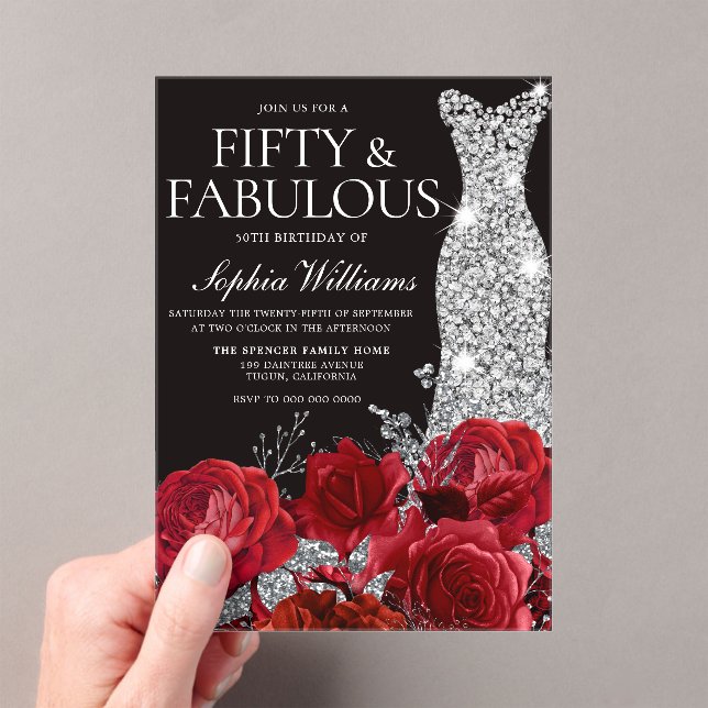 Invitations En Acrylique Red Roses Diamond Gown 50th Birthday Party Black  (In situ (ordinateur de poche))