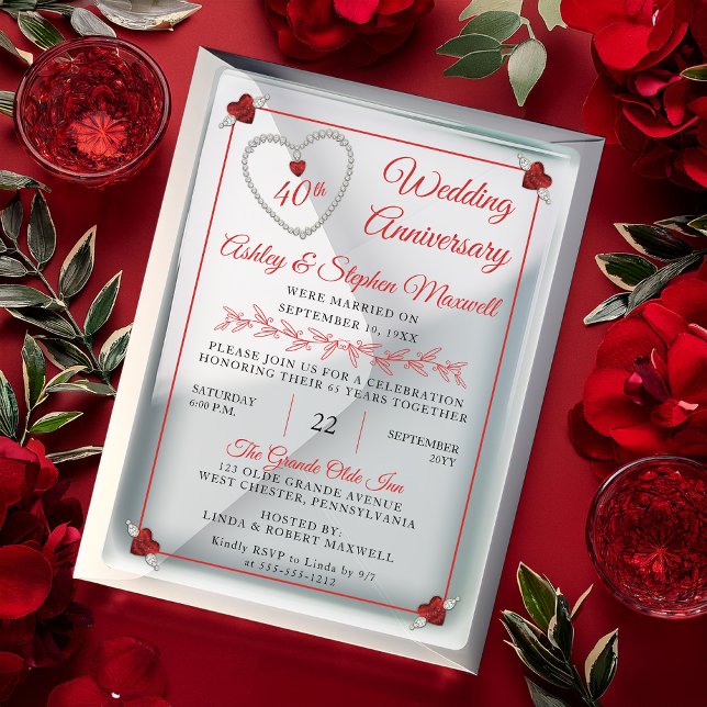 Invitations En Acrylique Red Ruby Diamond 40e anniversaire de Mariage (Elegant Faux Red Ruby and Diamond 40th Wedding Anniversary Party Acrylic Invitation)