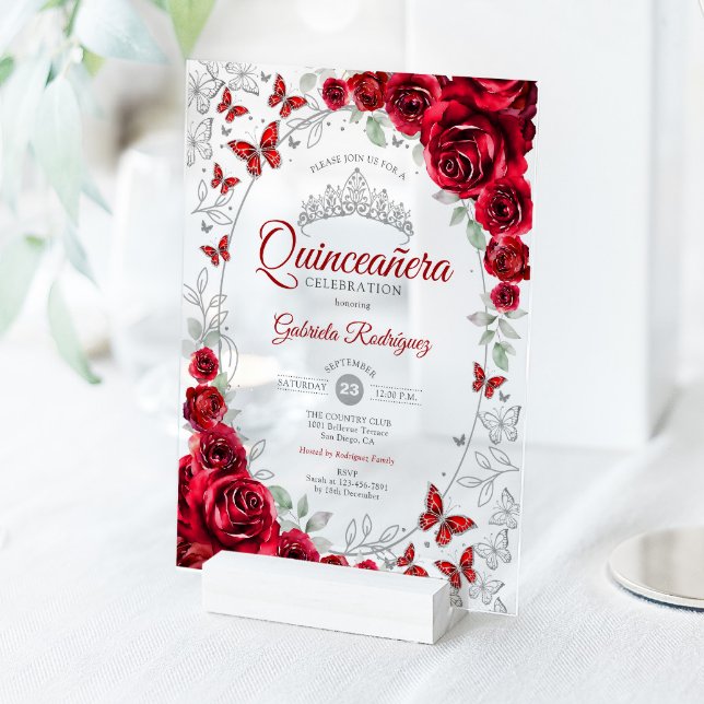 Invitations En Acrylique Red Silver Floral Quinceanera (Créateur téléchargé)