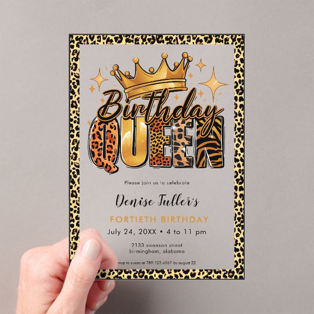 Invitations En Acrylique Reine de l'anniversaire Fun Léopard Quarante ans (In situ (ordinateur de poche))