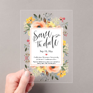 Invitations En Acrylique Ressort Orange Jaune Floral Enregistrer la date