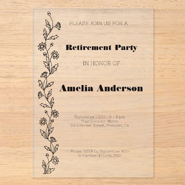 Invitations En Acrylique Retraite classe moderne daisy noir (Recto)