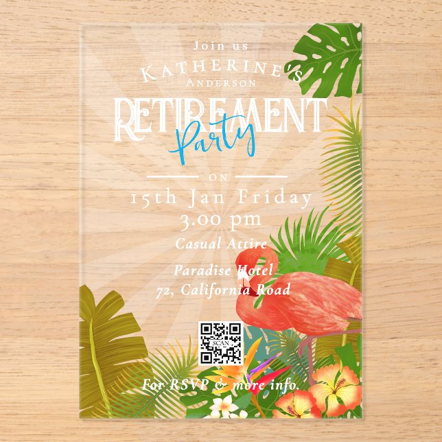 Invitations En Acrylique Retraite Tropicale Flamant Rose (Recto)