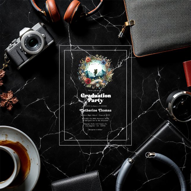 Invitations En Acrylique Retro Adventure attend la fête de graduation acryl (Retro Adventure Awaits Acrylic Graduation Party Acrylic Invitations)