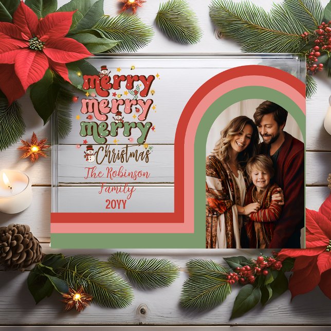Invitations En Acrylique Retro Arch Joyeux Noël Photo famille ("Merry Merry Christmas" Retro Arched Photo Family Holiday Clear Acrylic Card)