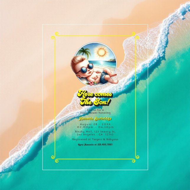 Invitations En Acrylique Retro Beach Thème Voici le Baby shower Son (Retro Beach Theme Here Comes the Son Baby Shower Acrylic Invitations)