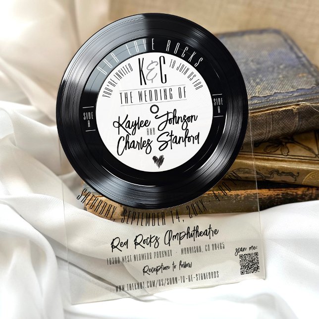 Invitations En Acrylique Retro Black White Vinyl Record musique Arc Mariage (Unique retro black and white vinyl record monogram music theme arch acrylic wedding invitation QR)
