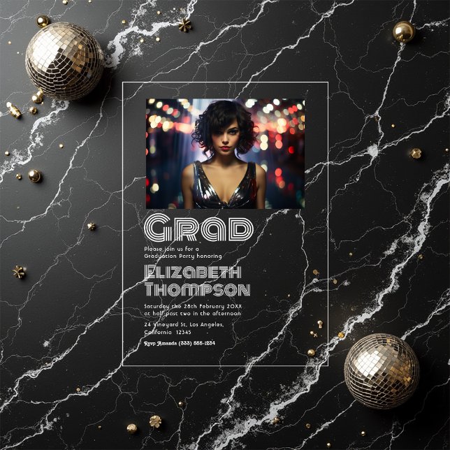 Invitations En Acrylique Retro Disco Typographie Graduation Party Photo (Retro Disco Typography Graduation Party Photo Acrylic Invitations)