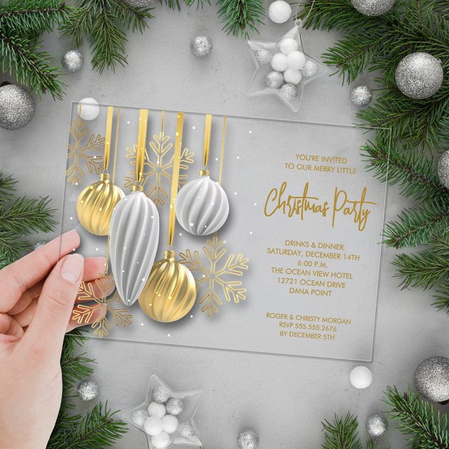 Invitations En Acrylique Retro Silver and Gold Ornaments Christmas Party (Retro silver and gold tree ornaments ACRYLIC Christmas party invitations)