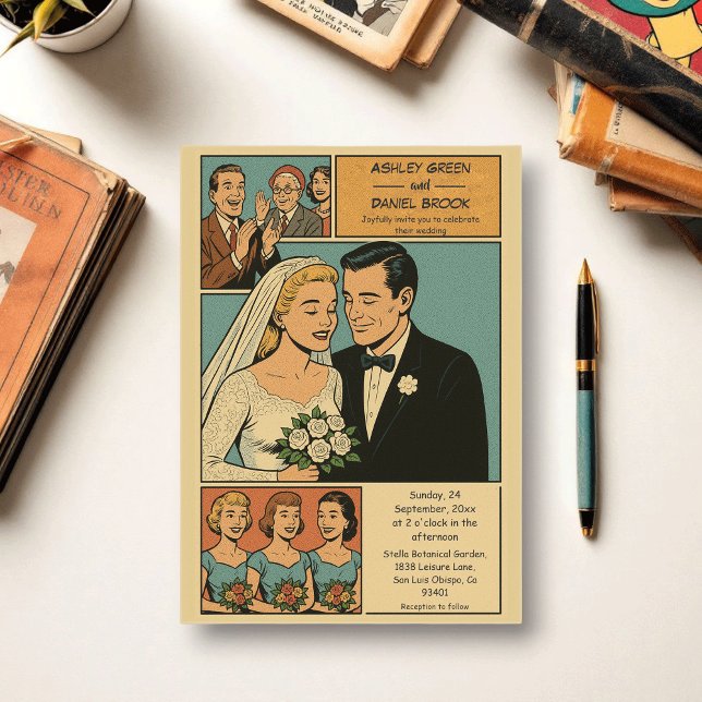 Invitations En Acrylique Retro Whimsical Romantic Bride Groom Comic Mariage (Créateur téléchargé)