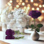 Invitations En Acrylique Rien De Fancy Just Love Plum Purple Rose Mariage<br><div class="desc">Ces magnifiques invitations de mariage acrylique présentent une belle conception florale moderne avec un seul rose de couleur prune ou aubergine profonde à longue tige reflétant ou reflétant dans un bassin d'eau. L'arrière - plan est clair pour que vous puissiez voir à travers l'invitation. Le texte élégant comporte des lettres...</div>