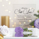 Invitations En Acrylique Rien de fantaisie Just Love Chic Lavender Rose Mar<br><div class="desc">Ces magnifiques invitations de mariage acrylique présentent une belle conception florale moderne avec un seul rose à long tige violet clair ou lavande reflétant ou reflété dans un bassin d'eau. L'arrière - plan est clair pour que vous puissiez voir à travers l'invitation. Le texte élégant comporte des lettres de script...</div>