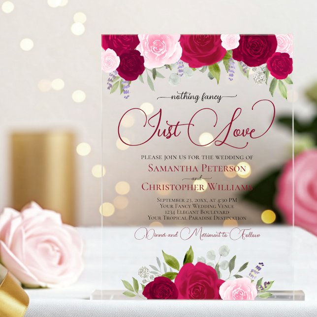 Invitations En Acrylique Rien de fantaisie Juste Amour Hot rose Rose Mariag (Clear acrylic with Rectangle Cut)
