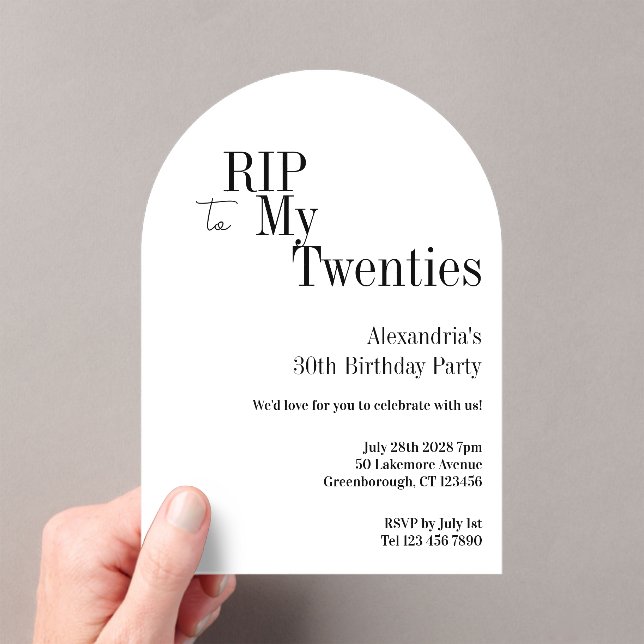 Invitations En Acrylique RIP 20s 30e fête d'anniversaire minimal blanc (In situ (ordinateur de poche))