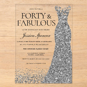 Invitations En Acrylique Robe à paillettes argentées Fête d'anniversaire 40