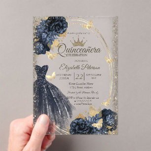 Invitations En Acrylique Robe à paillettes bleues, Roses, Papillons 