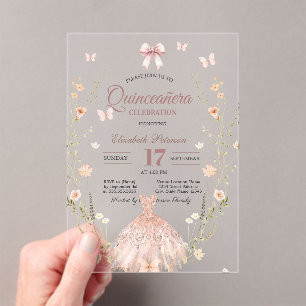 Invitations En Acrylique Robe à paillettes chic Fleurs sauvages Quinceanera