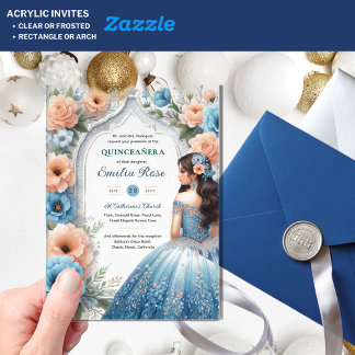 Invitations En Acrylique Robe Acrylique Quinceañera Bleu Argent Pêche Flora