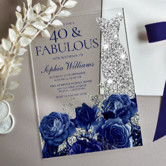 Invitations En Acrylique Robe argentée aux roses bleues pour 40e anniversai