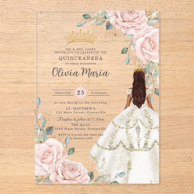 Invitations En Acrylique Robe blanche floue princesse Gown Quinceañera (Recto)
