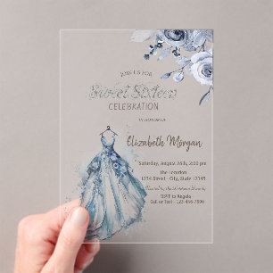 Invitations En Acrylique Robe bleu aquarelle Blue Roses Sweet 16