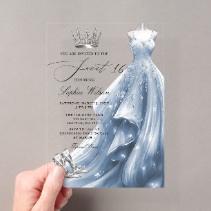 Invitations En Acrylique Robe Bleu Argent Princesse Sweet 16