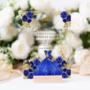 Invitations En Acrylique Robe bleu glam Aquarelle florale 15e Quinceañera