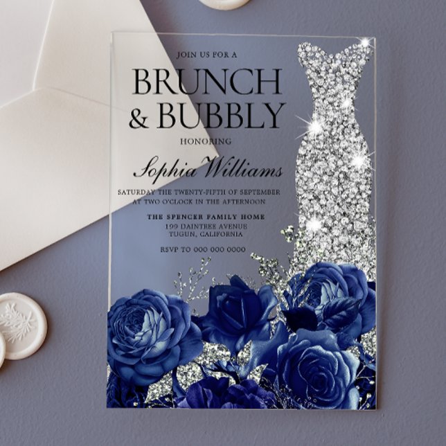 Invitations En Acrylique Robe Bleue Argent Brunch & Fête des mariées Bubbly (Créateur téléchargé)