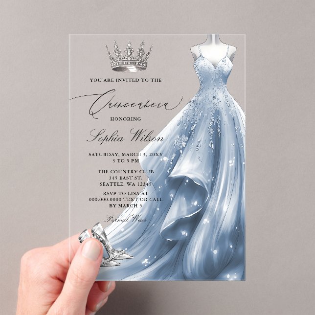 Invitations En Acrylique Robe bleue d'argent Princesse Quinceañera (In situ (ordinateur de poche))