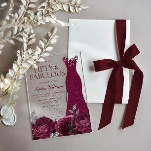 Invitations En Acrylique Robe bordeaux et fête d'anniversaire de 50 ans flo