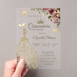 Invitations En Acrylique Robe chic, étoiles florales papillon bleu Quinceañ