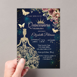 Invitations En Acrylique Robe chic, étoiles florales papillon Quinceañera b