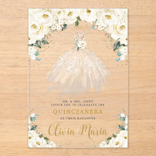 Invitations En Acrylique Robe de Champagne Florale blanche ivoire Quinceañe
