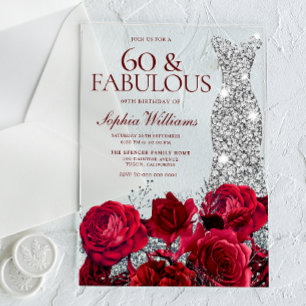 Invitations En Acrylique Robe de diamant de roses rouges pour les 60 ans d'