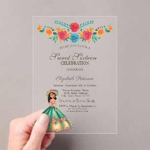 Invitations En Acrylique Robe de Fiesta Mexicaine Fleurs Sweet 16