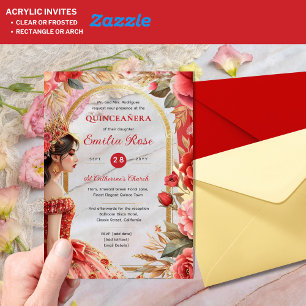 Invitations En Acrylique Robe de Fleurs Rouge Or Quinceañera Mis Quince
