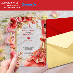 Invitations En Acrylique Robe de fleurs rouges et or pour Quinceañera Mis Q