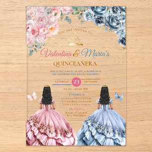 Invitations En Acrylique Robe de jumelles fille Quinceañera 15 Ans Fleurs O