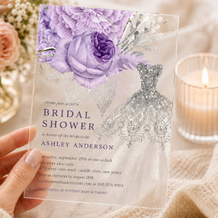 Invitations En Acrylique Robe de mariée florale argentée lavande pour maria