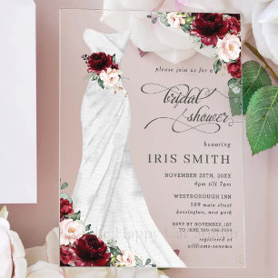 Invitations En Acrylique Robe de mariée florale Burgundy Blush pour la douc