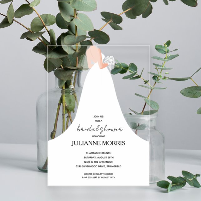Invitations En Acrylique Robe de Mariée Shower de Mariage (Bride in her wedding gown clear acrylic bridal shower invitations)