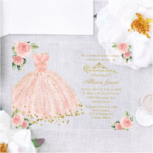 Invitations En Acrylique Robe de princesse en or rose floral Quinceañera