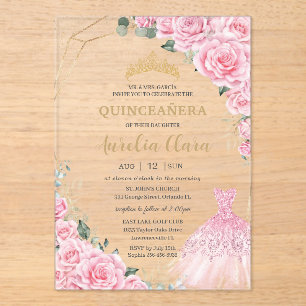 Invitations En Acrylique Robe de princesse florale en roses roses Quinceane