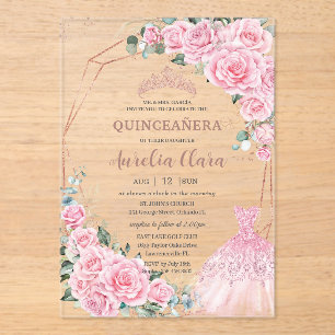 Invitations En Acrylique Robe de princesse florale rose doré Quinceanera