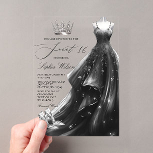 Invitations En Acrylique Robe de princesse noire argentée Sweet 16