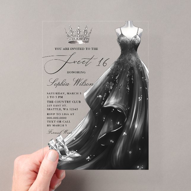 Invitations En Acrylique Robe de princesse noire argentée Sweet 16 (In situ (ordinateur de poche))