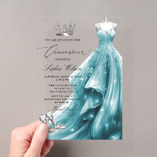 Invitations En Acrylique Robe de princesse Quinceañera sarcelle argentée