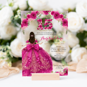 Invitations En Acrylique Robe de princesse rose florale Coquette Quinceaner