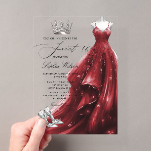 Invitations En Acrylique Robe de princesse rouge argentée Sweet 16